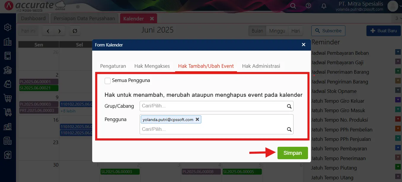 baca kalender Accurate Online